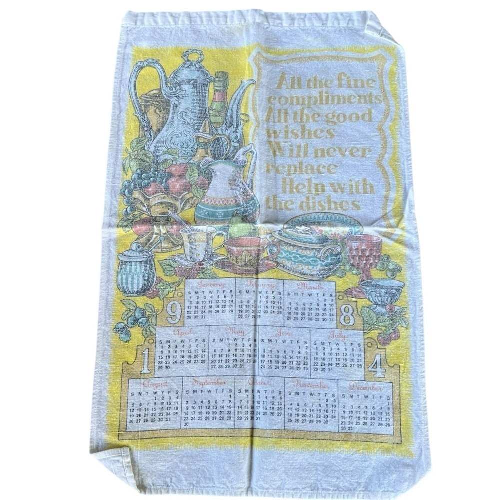 Vintage 1984 Linen Tea Towel Calendar Help With The Dishes